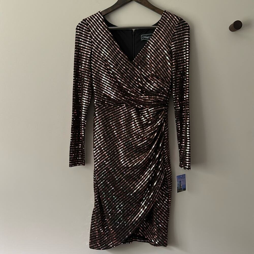 MORGAN & CO BLACK & BRONZE SEQUIN STRETCHY LONG SLEEVE COCKTAIL DRESS SIZE 3